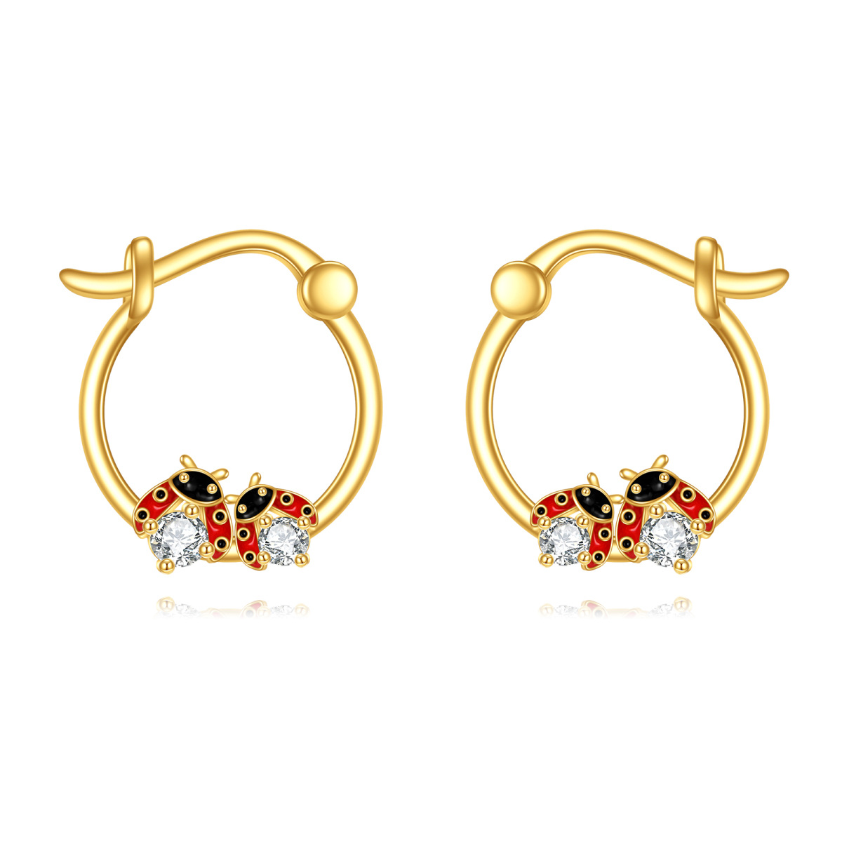 14K Gold Cubic Zirconia Ladybug Hoop Earrings-1