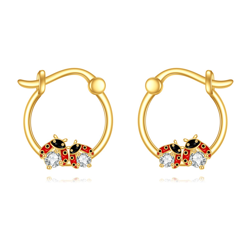 10K Gold Cubic Zirconia Ladybug Hoop Earrings-10
