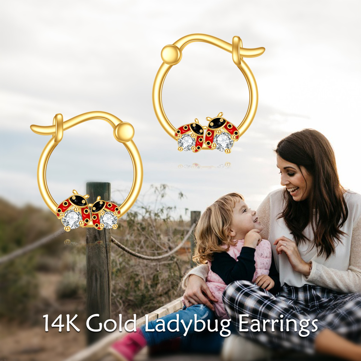 18K Gold Cubic Zirconia Ladybug Hoop Earrings-6