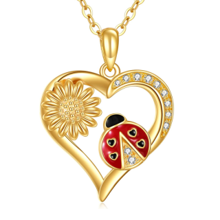 10K Gold Ladybug Wildflowers Heart Necklace for Women-14