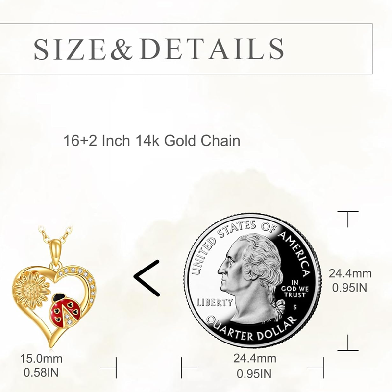 10K White Gold Cubic Zirconia Ladybug & Wildflowers & Heart Pendant Necklace-4