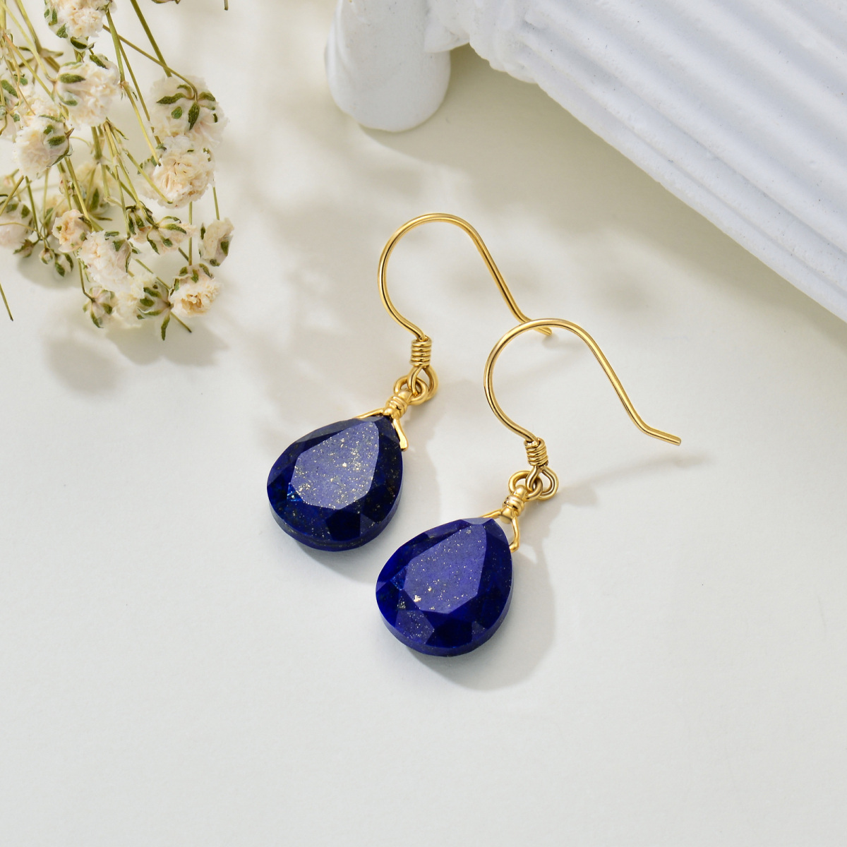 14K Gold Lapis Lazuli Drop Earrings For Women-3