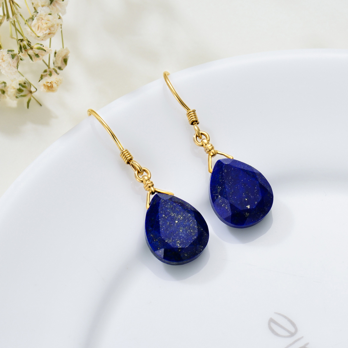 14K Gold Lapis Lazuli Drop Earrings For Women-4