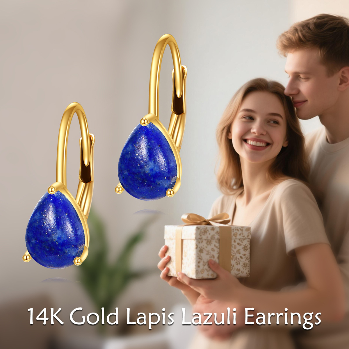 Pendientes de oro de 14 quilates con lapislázuli y forma de gota con cierre de palanca-6