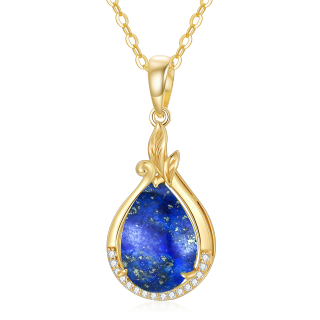 10K Gold Lapis Lazuli Drop Shape Pendant Necklace-17