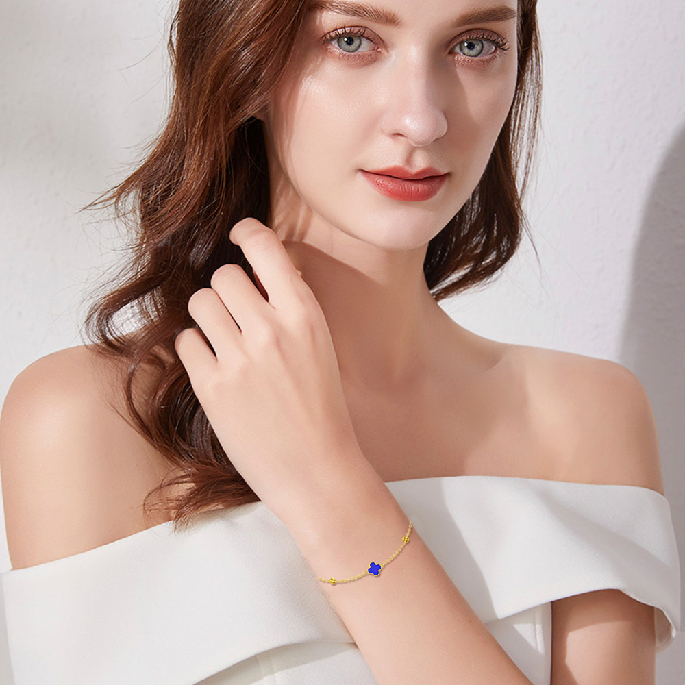 Pulsera Colgante Trébol Cuatro Hojas Lapislázuli Oro 10K-2
