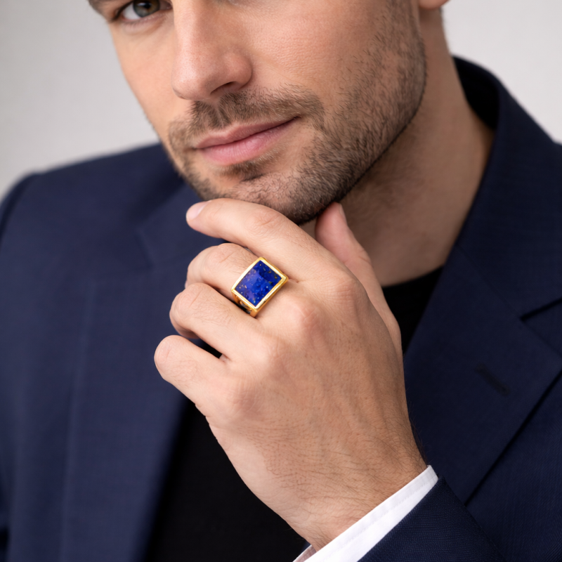 Anillo de sello de lapislázuli en oro de 14 quilates para hombre-2