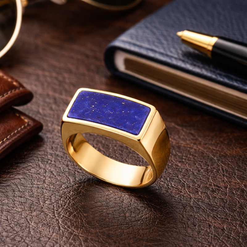 Anillo de sello de lapislázuli en oro de 14 quilates para hombre-3