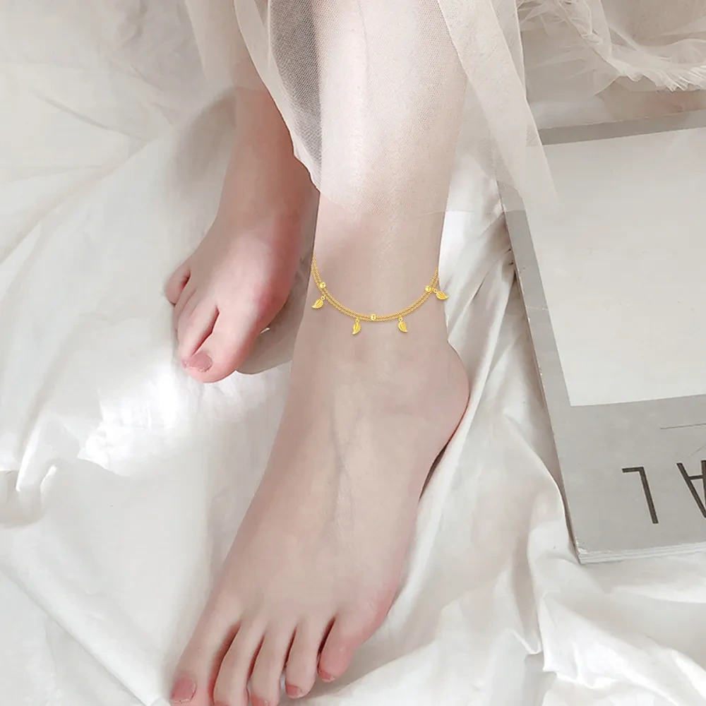 10K Gold Maple Leaf & Bead Multi-layered Charm Anklet-2