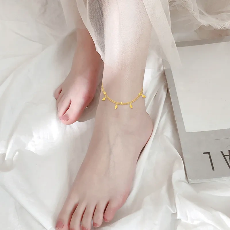 Tobillera con dije multicapa de hoja de arce en oro de 14 quilates-2