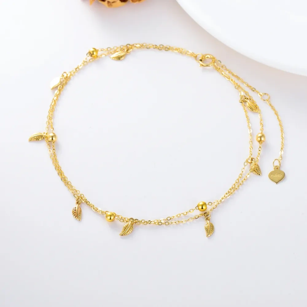 10K Gold Maple Leaf & Bead Multi-layered Charm Anklet-3