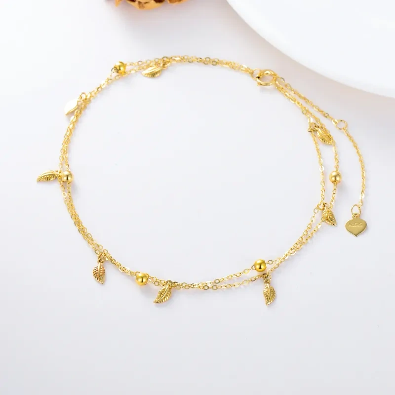 Tobillera con dije multicapa de hoja de arce en oro de 14 quilates-3