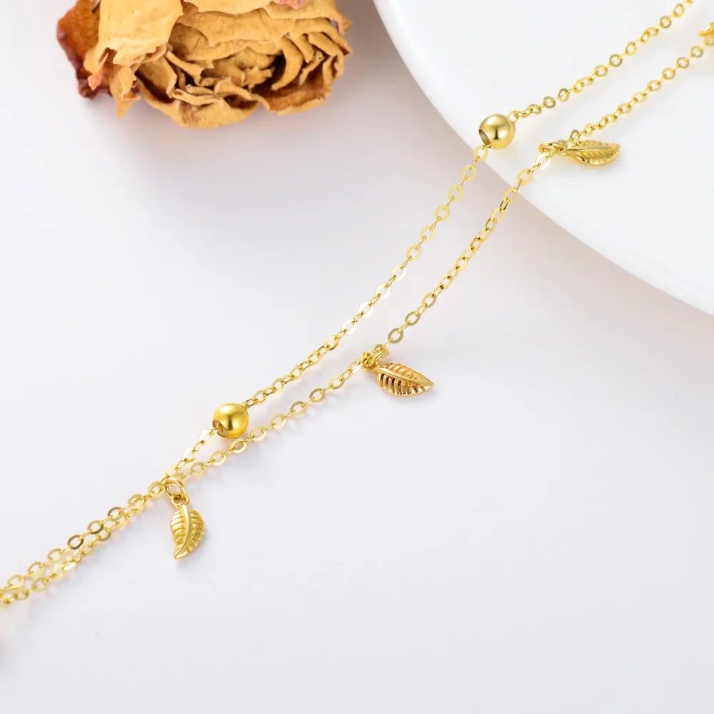 10K Gold Maple Leaf & Bead Multi-layered Charm Anklet-4