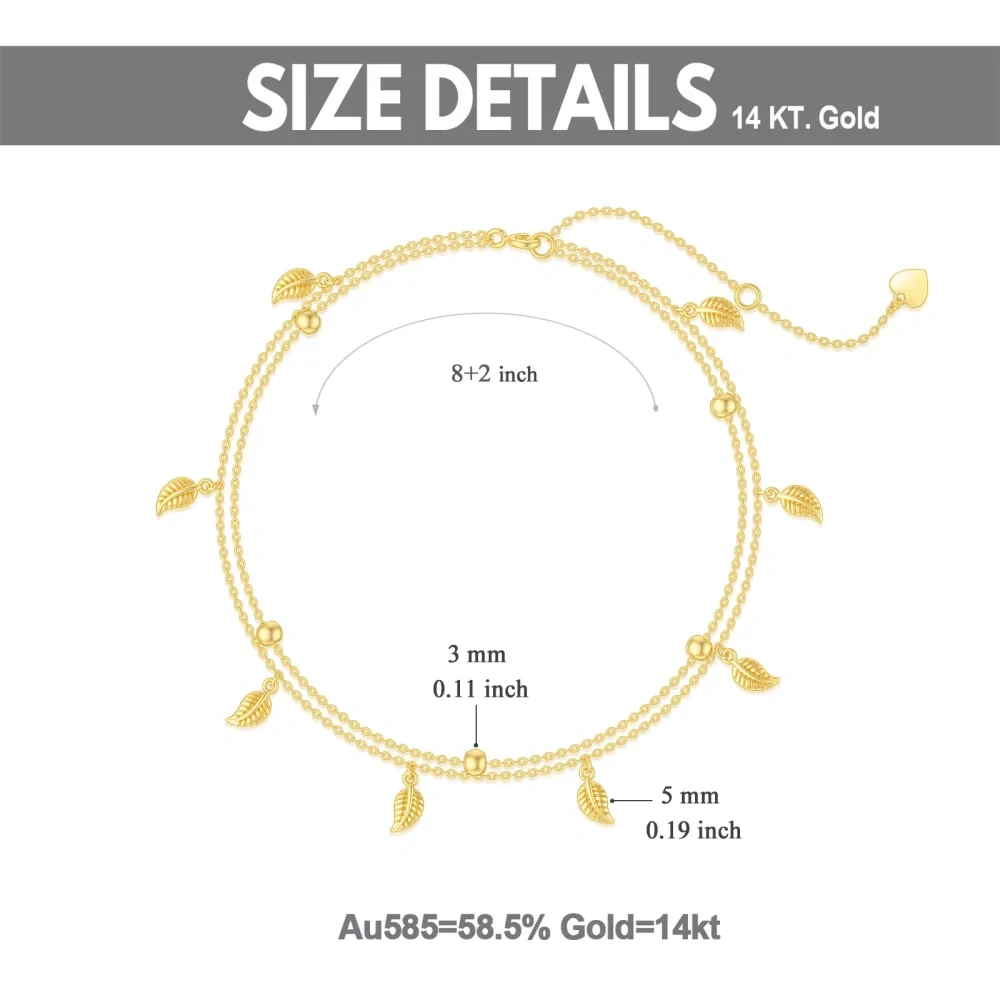 10K Gold Maple Leaf & Bead Multi-layered Charm Anklet-5