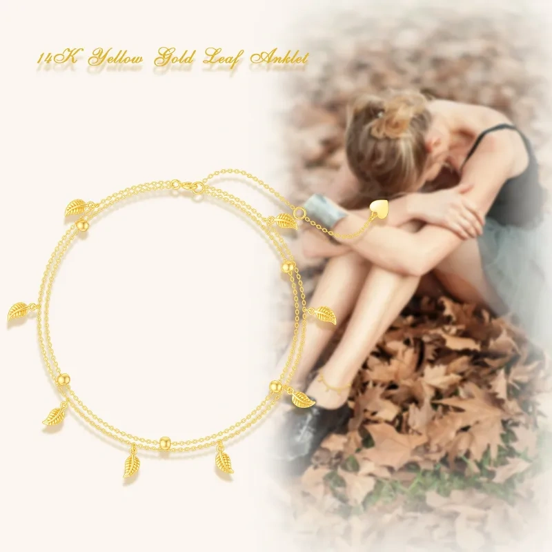 Tobillera con dije multicapa de hoja de arce en oro de 14 quilates-6