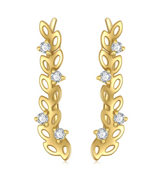 14K Gold Cubic Zirconia Leaves Climber Earrings-2