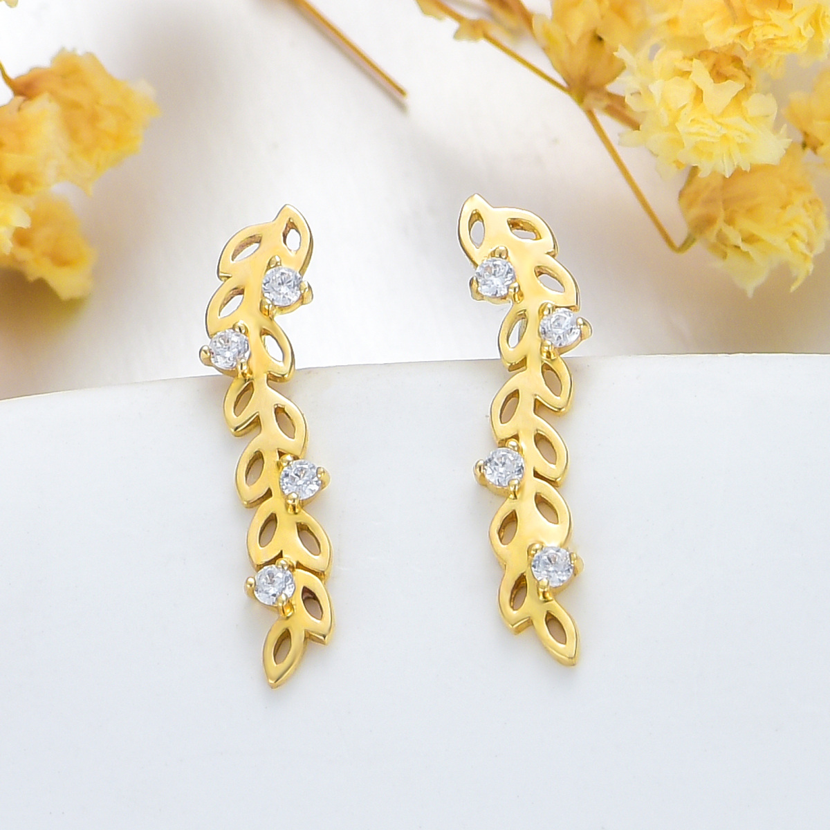14K Gold Cubic Zirconia Leaves Climber Earrings-3