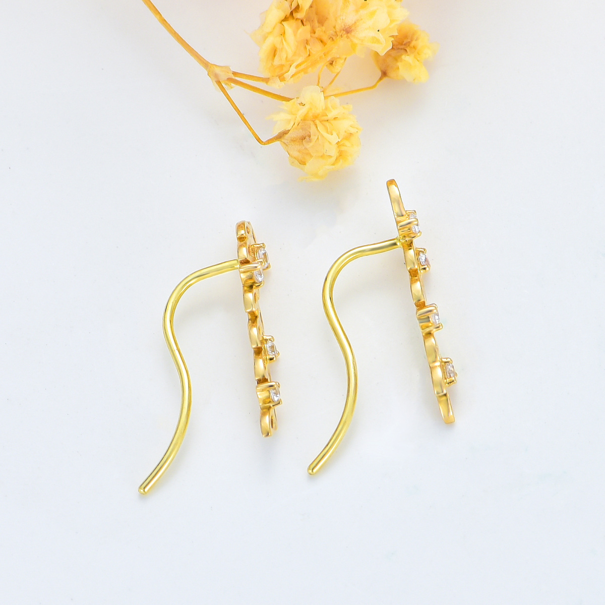 14K Gold Cubic Zirconia Leaves Climber Earrings-4