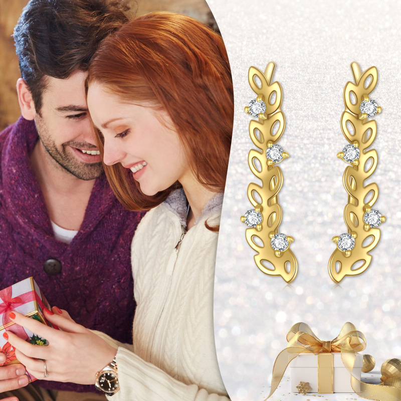 10K gouden oorbellen met kubieke zirkoniabladeren-6