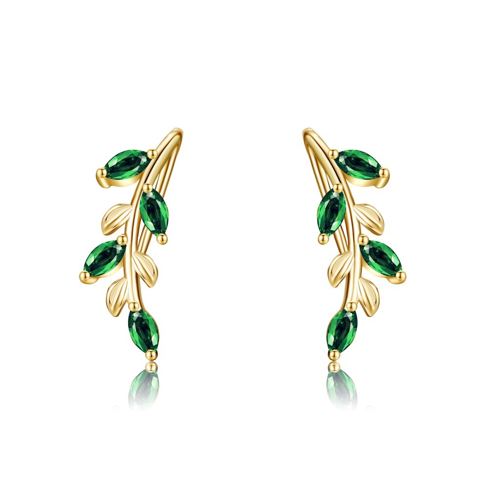 10K Gold Cubic Zirconia Leaves Climber Earrings-1