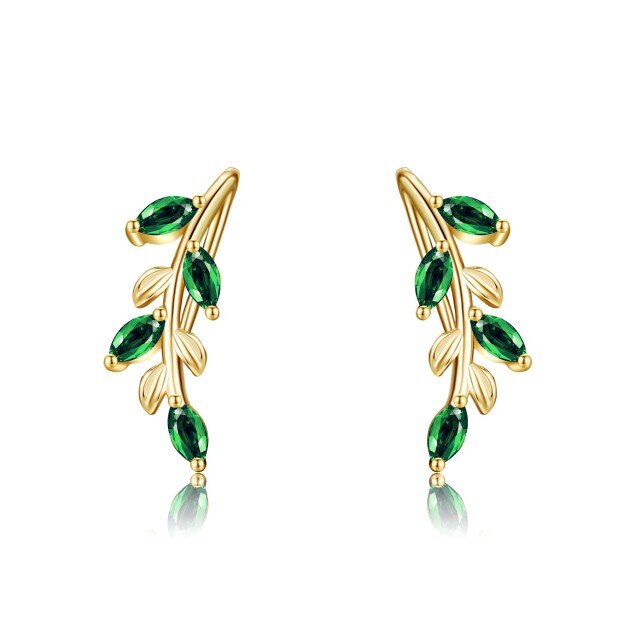 14K Gold Cubic Zirconia Leaves Climber Earrings-1