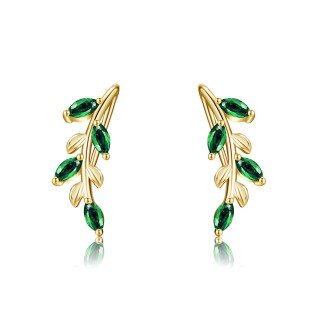 10K Gold Cubic Zirconia Leaves Climber Earrings-17