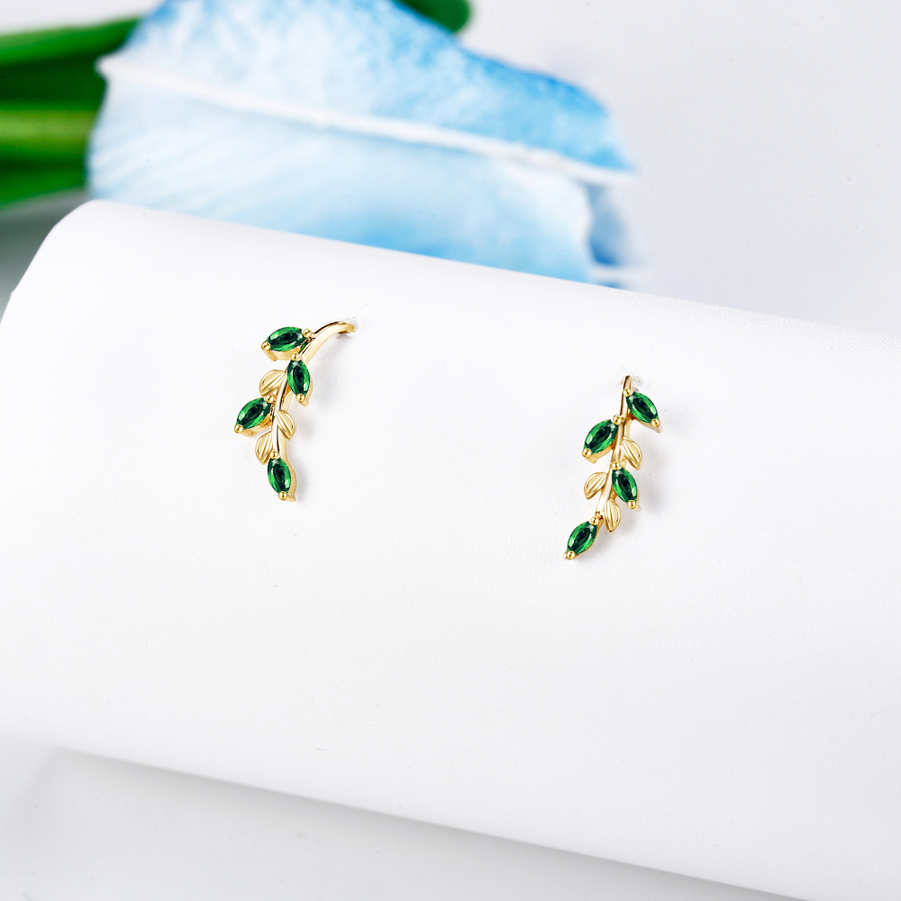 10K Gold Cubic Zirconia Leaves Climber Earrings-3