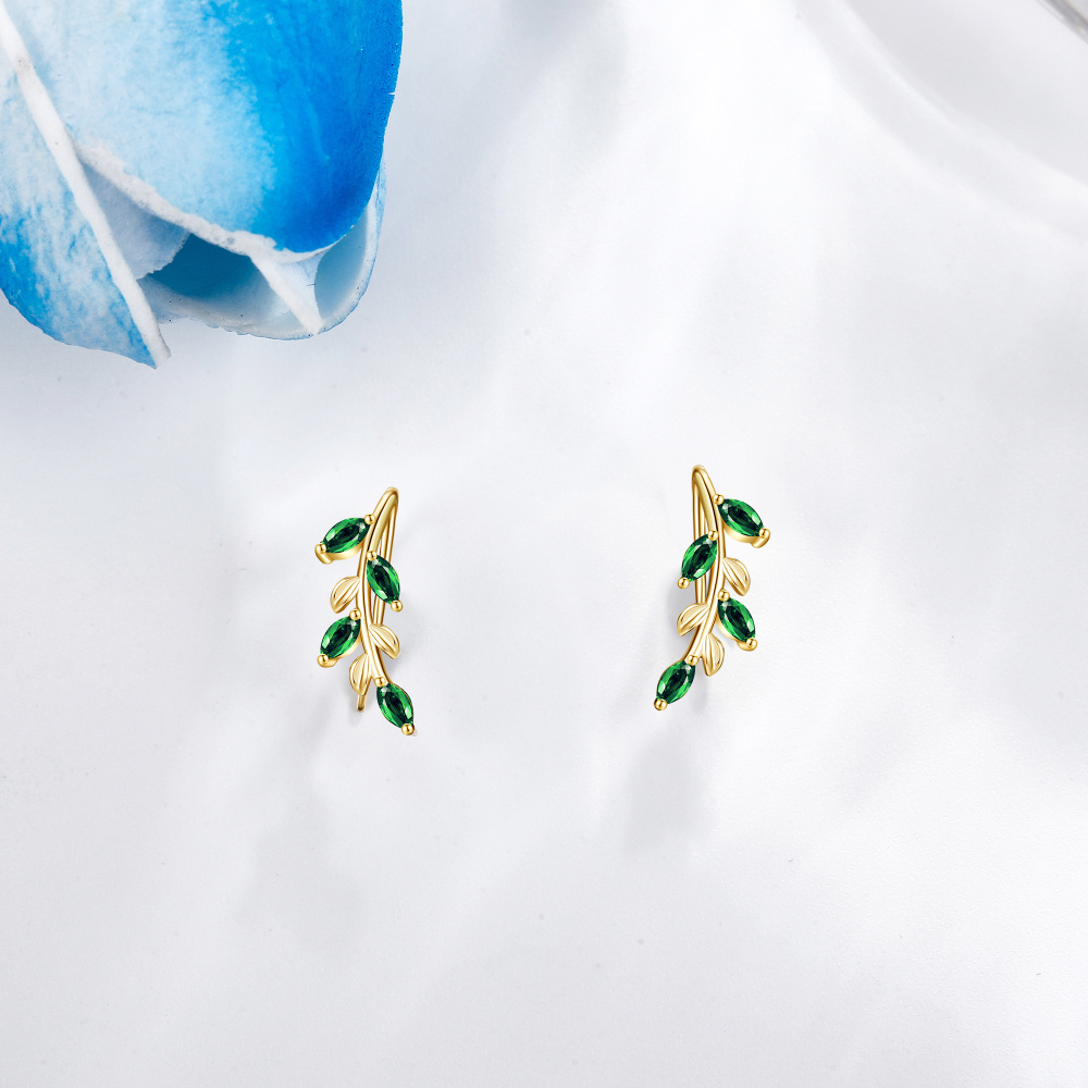 10K Gold Cubic Zirconia Leaves Climber Earrings-4