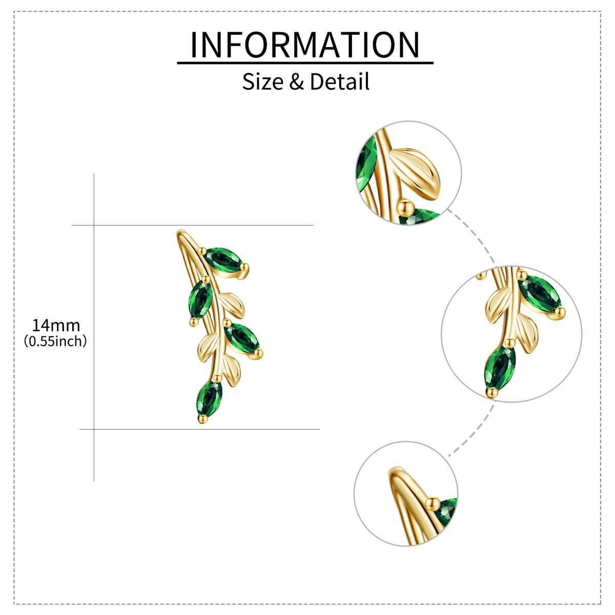 Pendientes trepadores con hojas de circonita cúbica en oro de 14 quilates-5