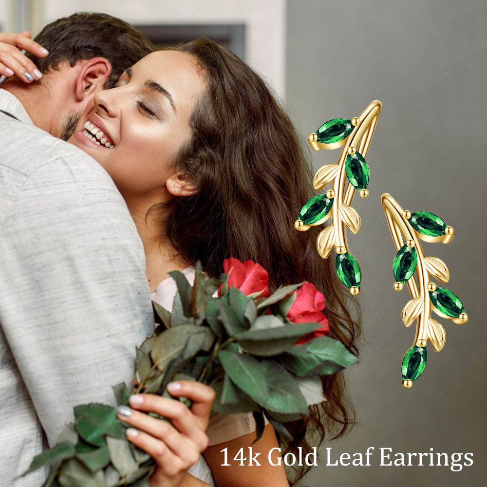 10K Gold Cubic Zirconia Leaves Climber Earrings-6