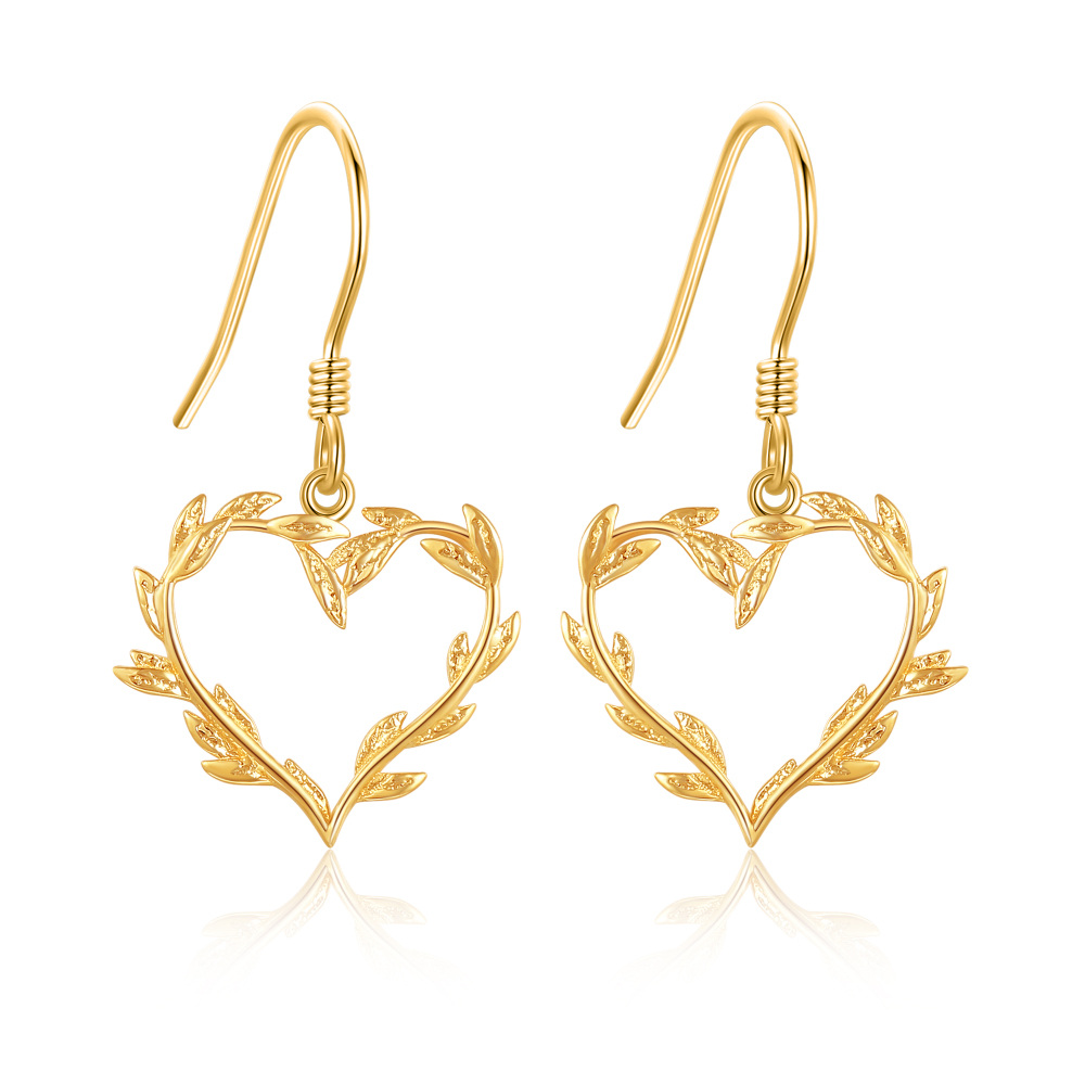 10K Gold Leaves & Heart Drop Earrings-1