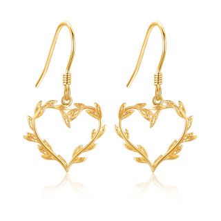 14K Gold Leaves & Heart Drop Earrings-5