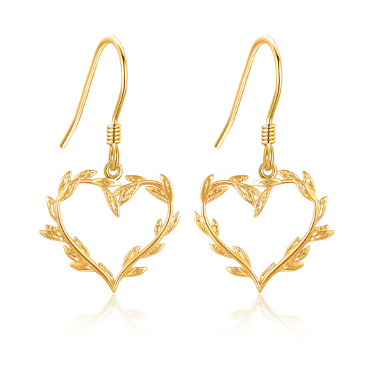 14K Gold Leaves & Heart Drop Earrings