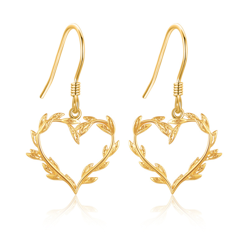 10K Gold Leaves & Heart Drop Earrings-7