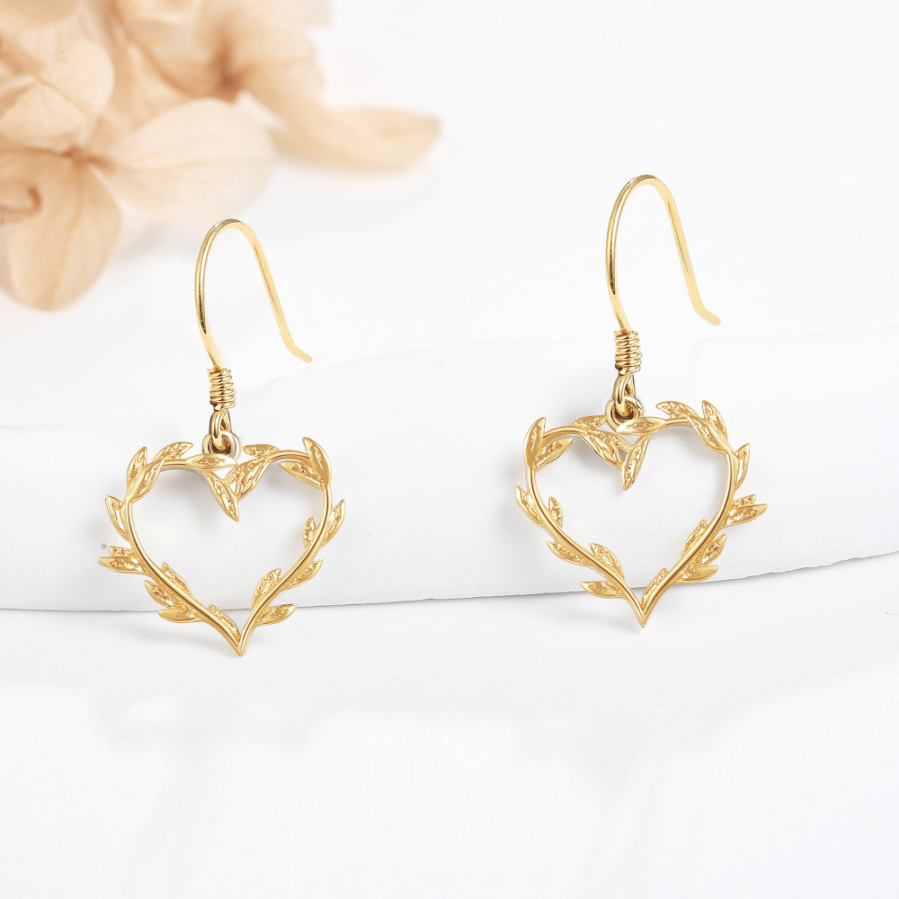 10K Gold Leaves & Heart Drop Earrings-3