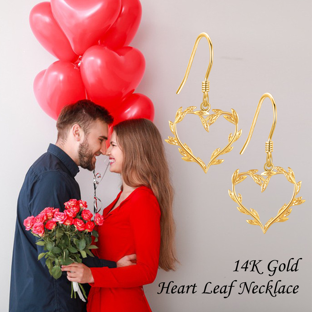 10K Gold Leaves & Heart Drop Earrings-6