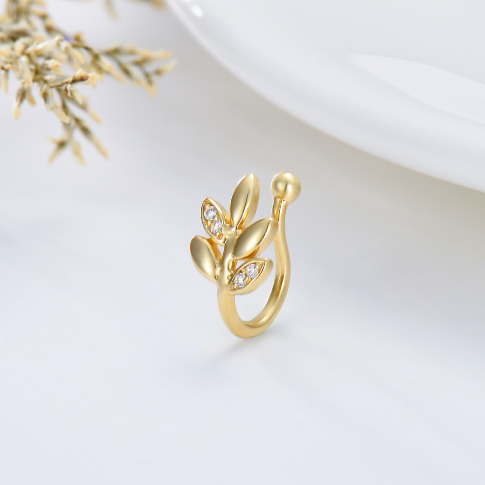 Anillo para la nariz con hojas de circonita cúbica en oro de 14 quilates-3