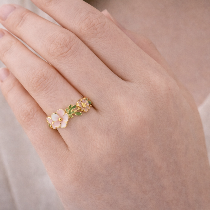 Anillo de hojas de oro de 14 quilates y flor de melocotón-2