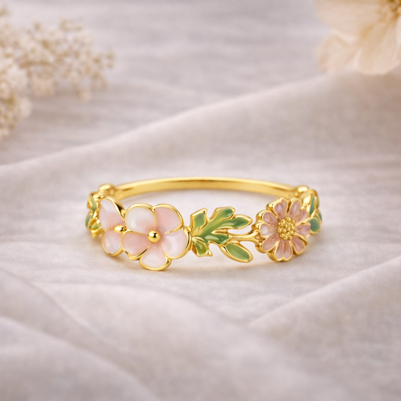 Anillo de hojas de oro de 14 quilates y flor de melocotón-3