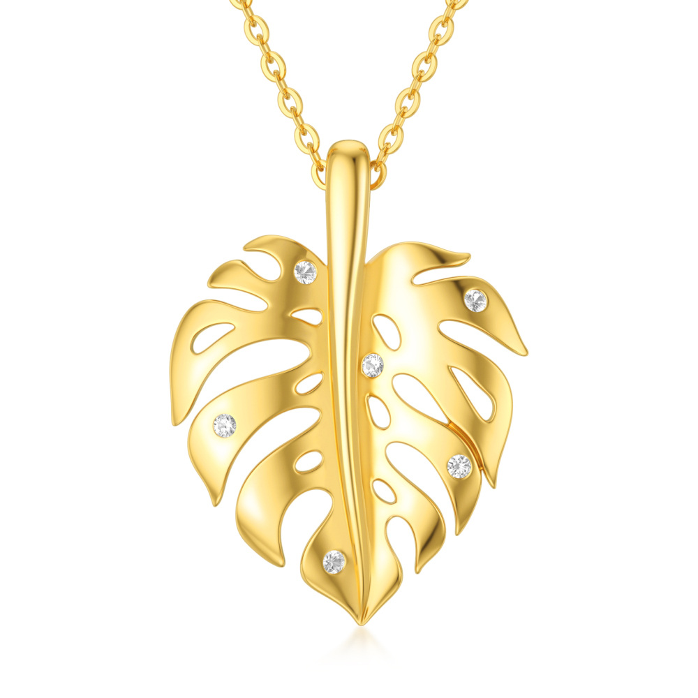 10K Gold Cubic Zirconia Leaves Pendant Necklace-1