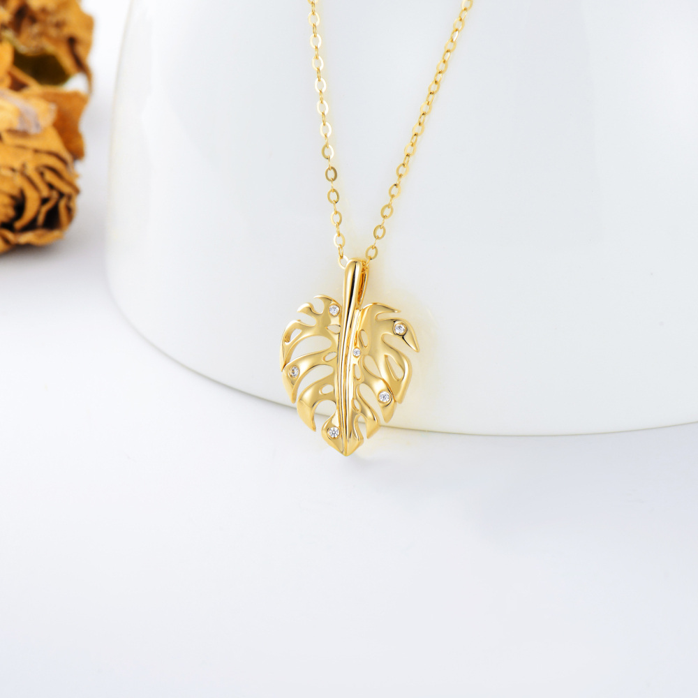 10K Gold Cubic Zirconia Leaves Pendant Necklace-3