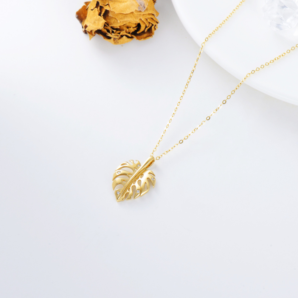 10K Gold Cubic Zirconia Leaves Pendant Necklace-4