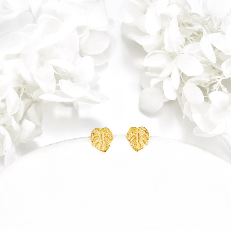 10K White Gold Leaves Stud Earrings-4