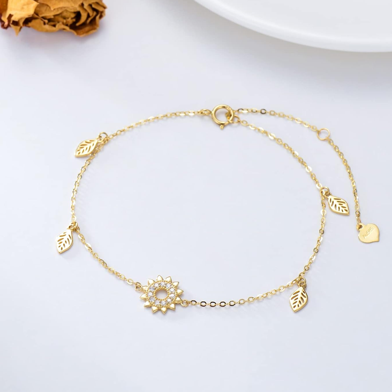 10K Gold Cubic Zirconia Leaves & Sunflower Charm Bracelet-3