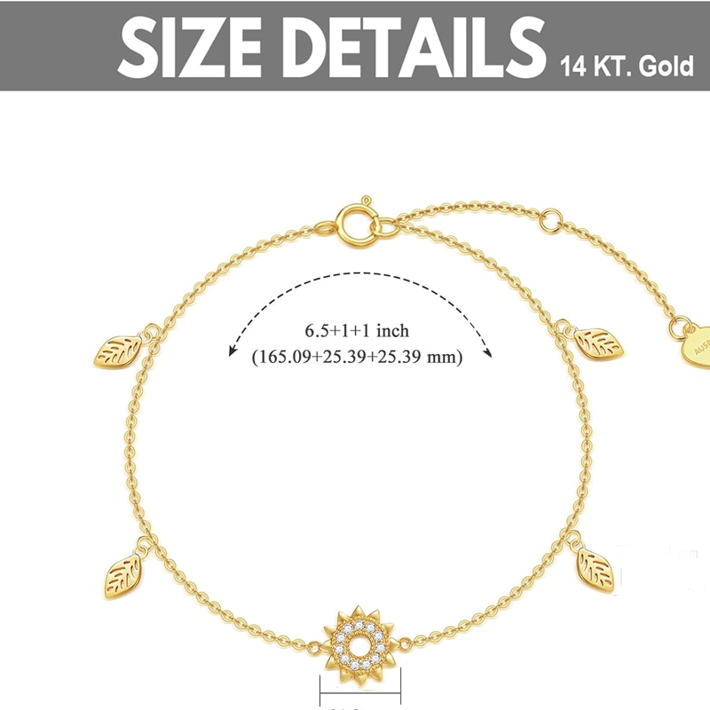 10K Gold Cubic Zirconia Leaves & Sunflower Charm Bracelet-5