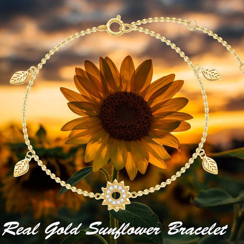 10K Gold Cubic Zirconia Leaves & Sunflower Charm Bracelet-6