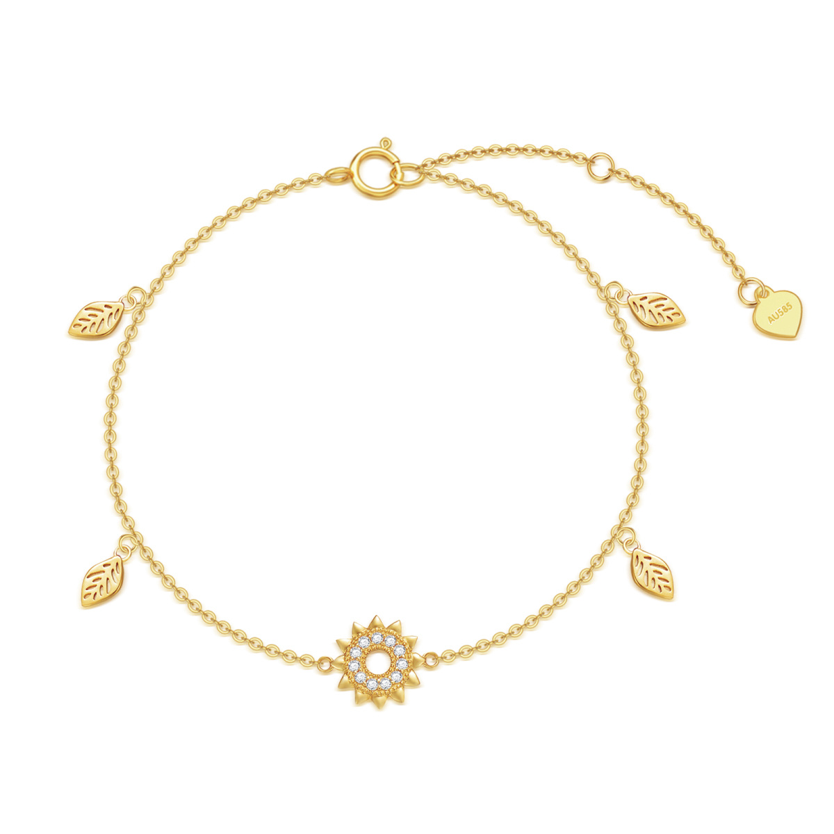 Bracelet en or 14K avec pendentif feuilles et tournesol en zircon cubique-1