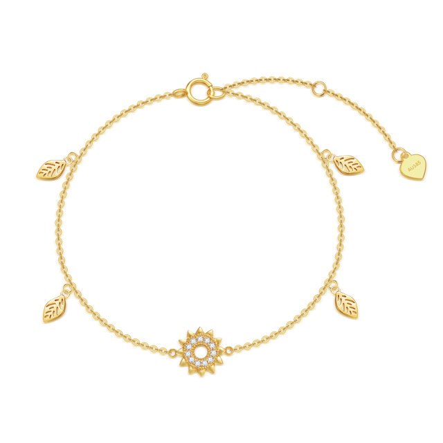 14K Gold Cubic Zirconia Leaves & Sunflower Pendant Bracelet