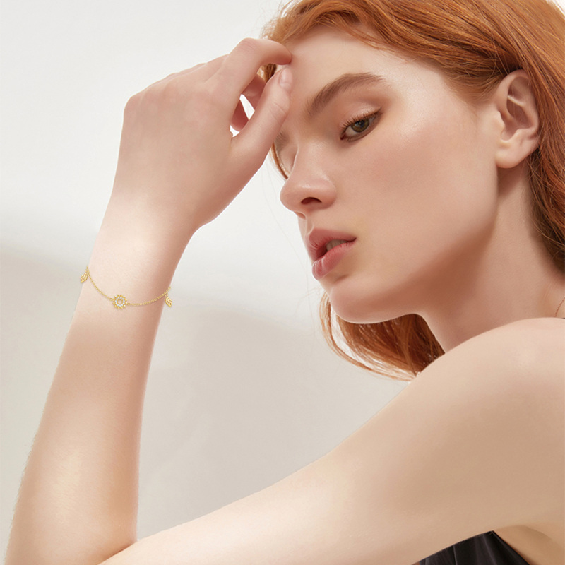 10K Gold Cubic Zirconia Leaves & Sunflower Charm Bracelet-2