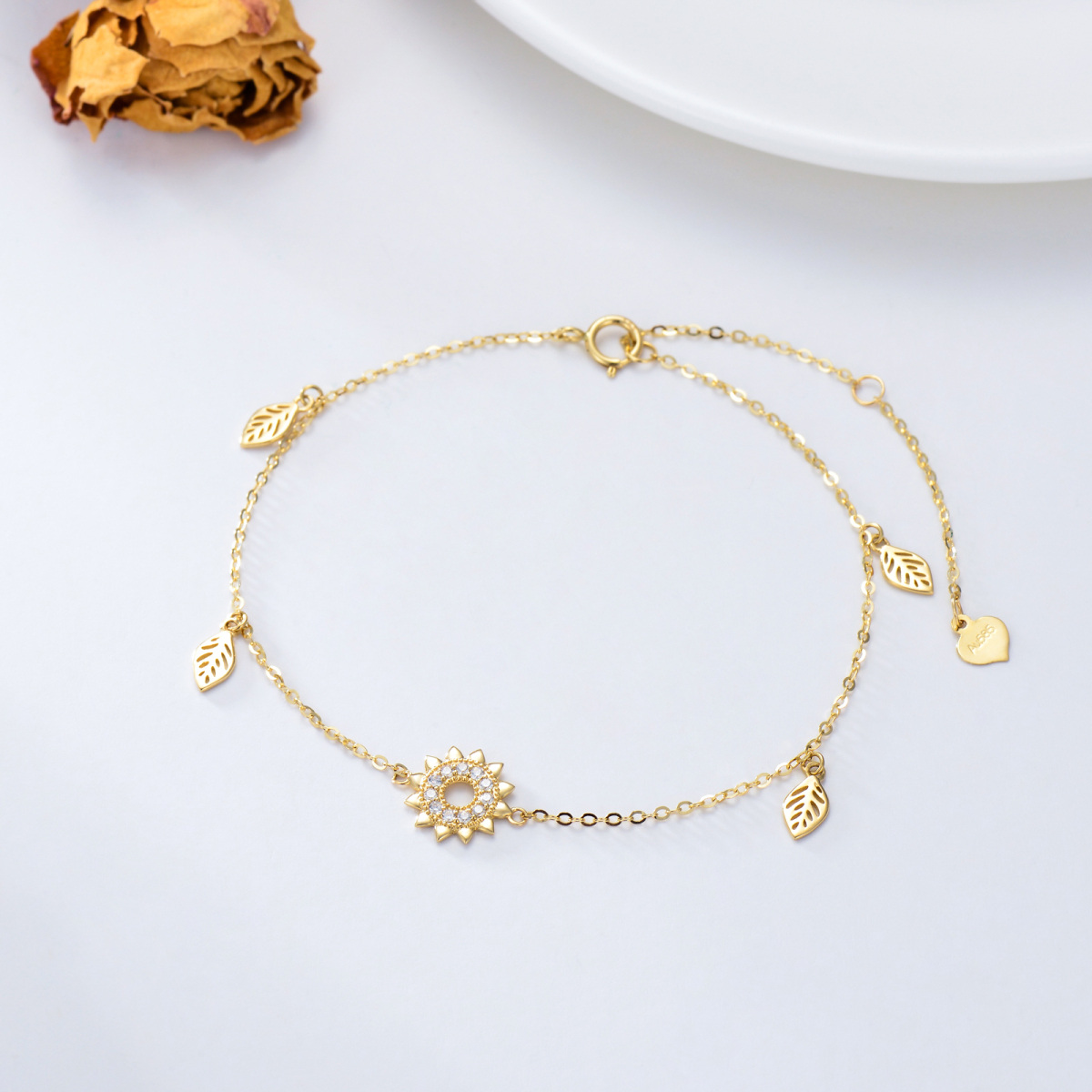 14K Gold Cubic Zirconia Leaves & Sunflower Pendant Bracelet-3